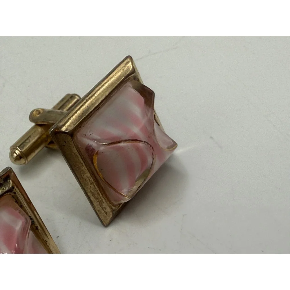 Vintage Gold Tone Square Pink White Striped Glass Geometric Cufflinks